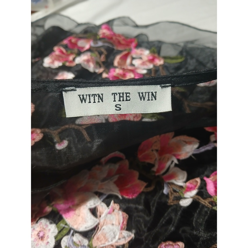 With The Win Black Organza Cherry Blossom Floral Embroidered Mini Dress Small - Picture 10 of 15